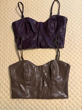 Express Faux Leather Bustier Crop Top in Plum and Brown